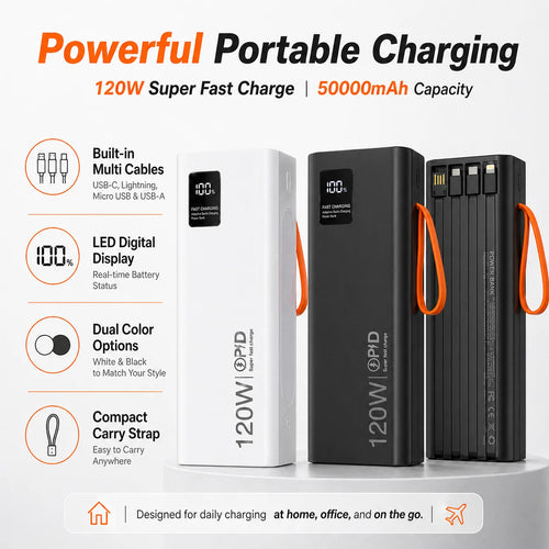 120W PD Power Bank 50000mAh Portable Charger(Built-in Cables), LED Display, Fast Charging Battery for Phone Tablet USB-C Devices