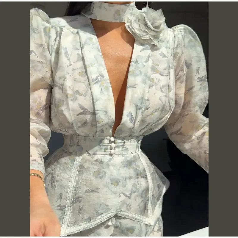 Elegant Printed Women's Dress V-neck Front Split Waist-closed Sashes Wrist Sleeve Gauze Dresses 2026 Summer Chic Female Robe
