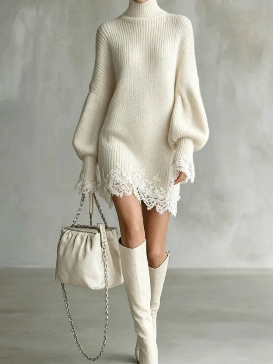 Women's Black Knitted Turtleneck Sweater Dress Lace Splice Mini Dress Fashion Spring Autumn Vintage Casual Retro Loose Dress
