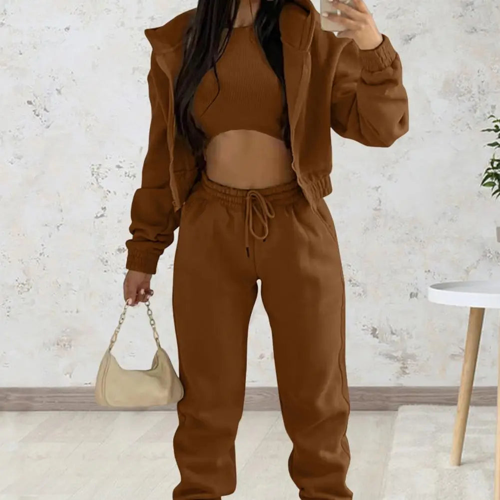 Autumn Winter Outfit Women Polyester Outfit Set 3 Piece Women’s Sweatsuit Set Fleece Zip-up Hoodie Jogger Sweatpants for Fall