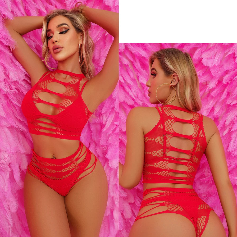 Sex Fishing Net Underwear Set Fashion Sleeveless Body Suit Clothing Night Club Party Wear Erotic Transparent Mesh Tight Lingerie