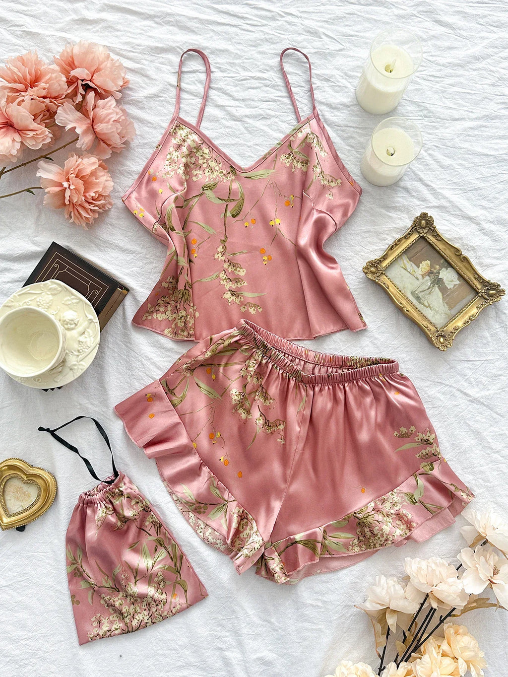 Summer Elegant  Print Cami Tops Ruffle Hem Shorts Pajama Set  Women's Sleepwear V Neck Strap Loungewear