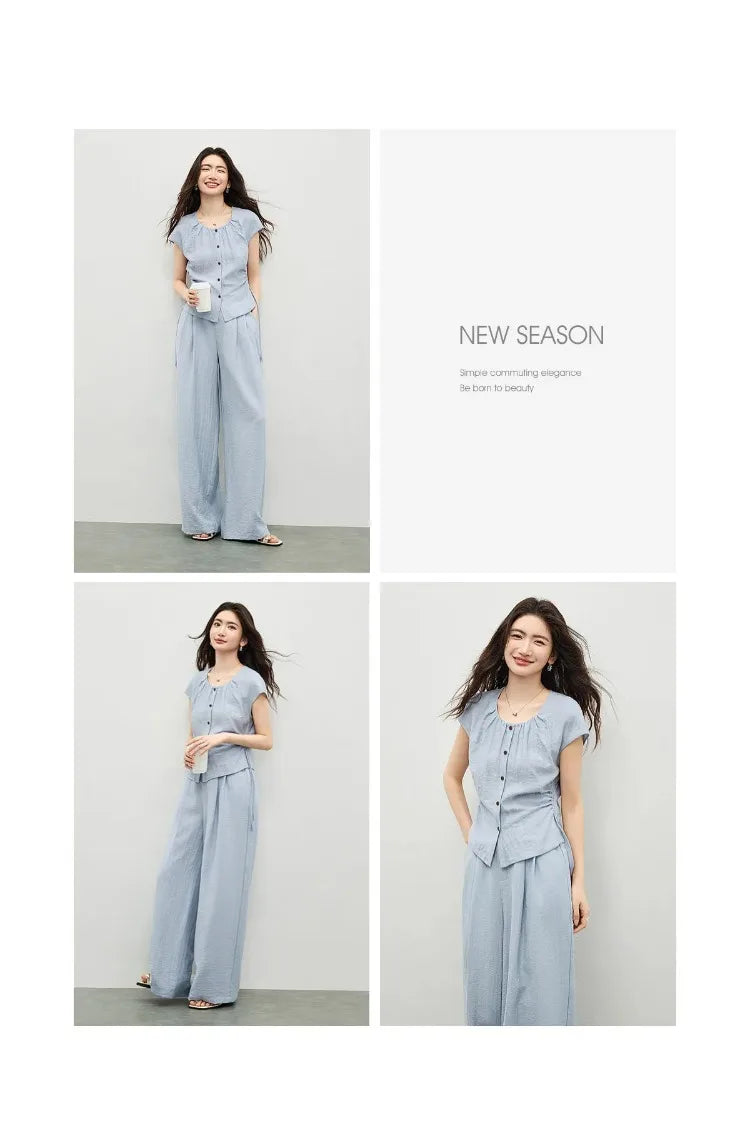 SENTUBILA Women's Office Set 2026 Summer New Blue Button Shirred Drawstring Slim Top Straight Pant 2 Piece Sets 162ZK6231