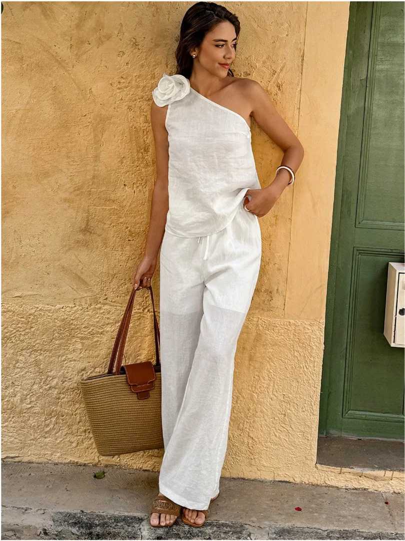 One‑Shoulder Sleeveless Tank Top Wide‑Leg Pants Two‑Piece Set, Lightweight Breathable Crinkle Fabric Casual Loose Fit Summer Out