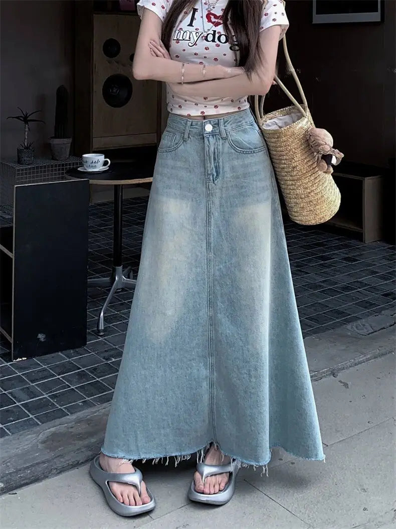 Retro High Waist Washed Denim Mini Skirt for Women plus Size Summer Fashionable Slimming Belly Covering Skirts