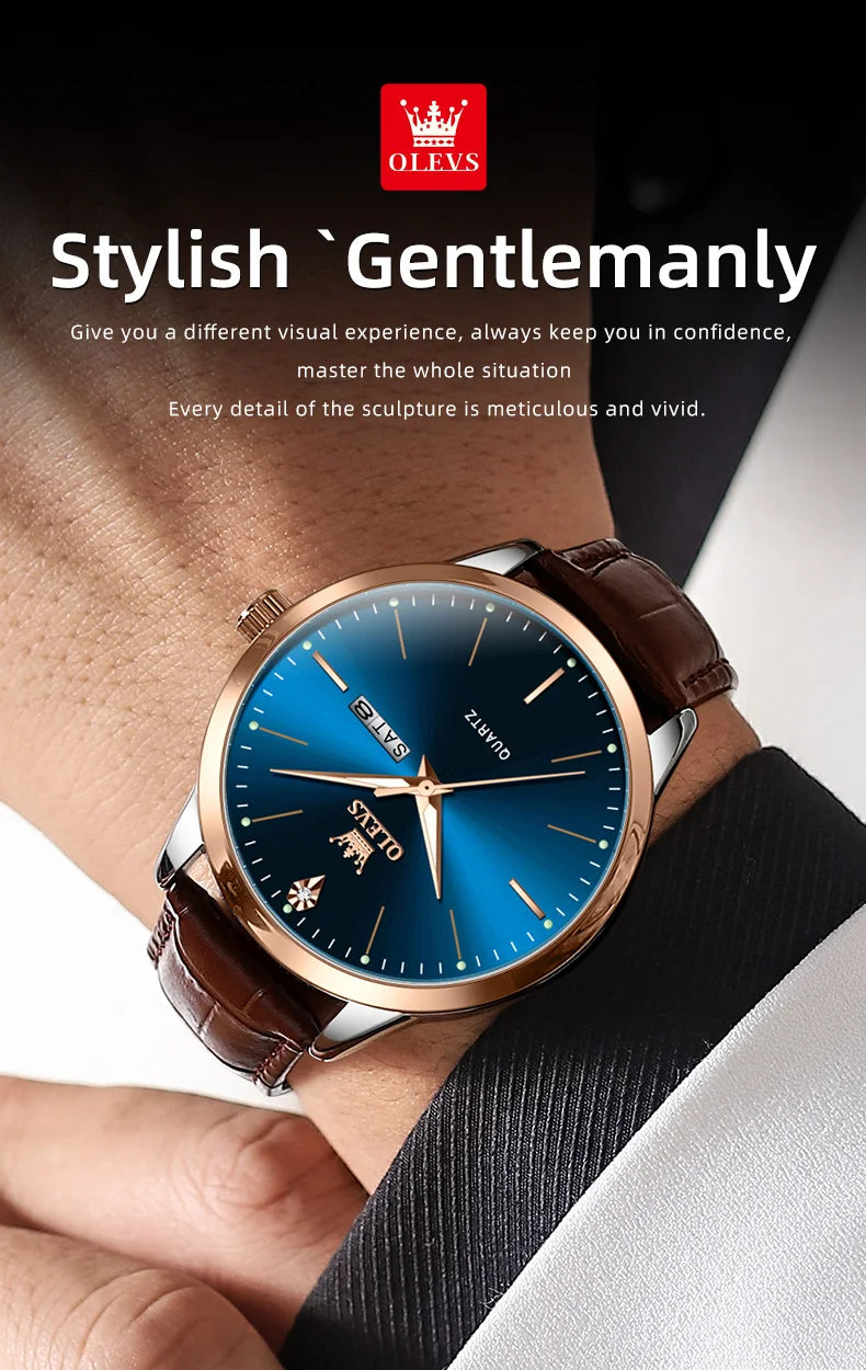 OLEVS 2935 Business Casual Men's Watch Waterproof Leather Strap Luxury Brand Date Week Temperament Trend Quartz Men's Watch