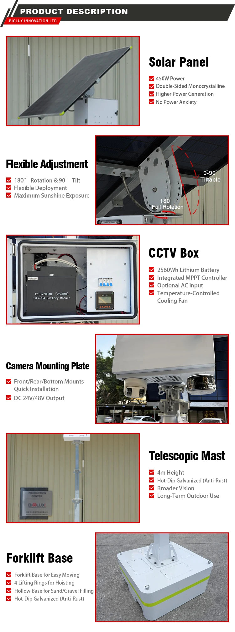 Factory Outdoor Solar Mobile CCTV Tower with Mono-Crystalline Solar Panel Waterproof Parking Security Surveillance