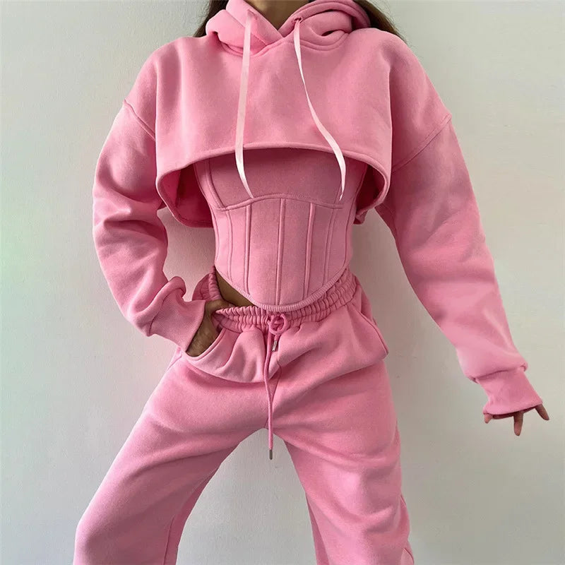 Y2K Sexy Sportswear Women's 3 Piece Set Long Sleeved Hooded Cardigan+slim Fit Strapless Vest+straight Leg Wide Pants