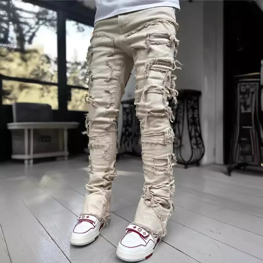 2026 New Men's Denim Straight-Leg Pants, European and American Street Fashion Ins Stretch Patch Denim Straight-Leg Pants