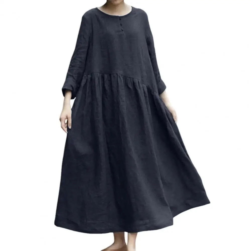Women's Cotton Linen Maxi Dress Long Sleeve Button Up Crewneck Long Dress with Pockets Plus Size Casual Flowy Beach Sundress