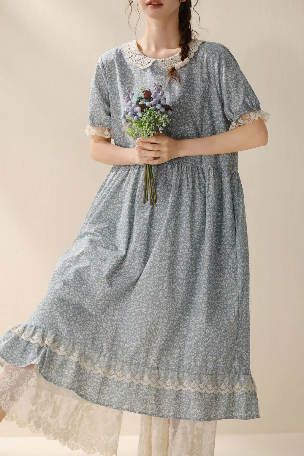 Vintage Ruffled Cotton Linen Flower Dress Women's New Summer Peter Pan Collar Short Sleeve Loose Boho Dress Casual Midi Vestidos
