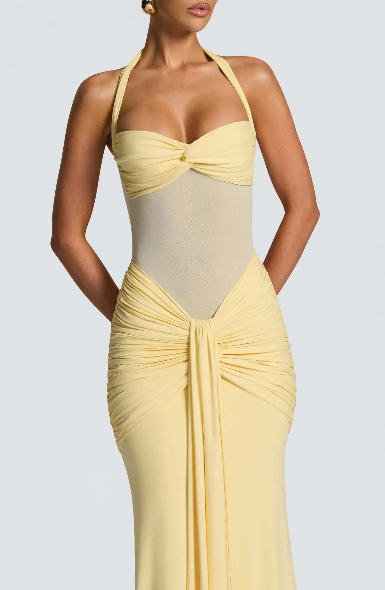 Suninheart Draped Maxi Evening Dress Women Elegant Halter Prom Dresses Wine Formal Occasions Backless Dress Sexy