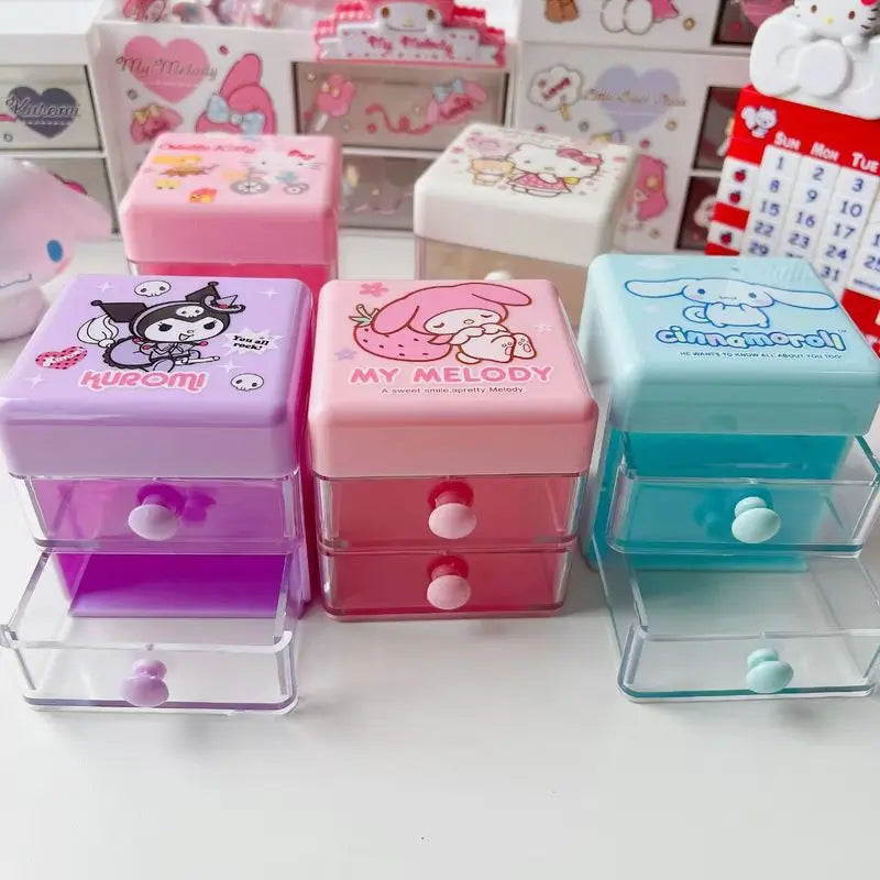 Hello Kitty Kuromi Japanese-Style Cartoon Desktop Organizer  Cute Mini Drawer-Style Storage Box  Two-Tier Jewelry Organizer