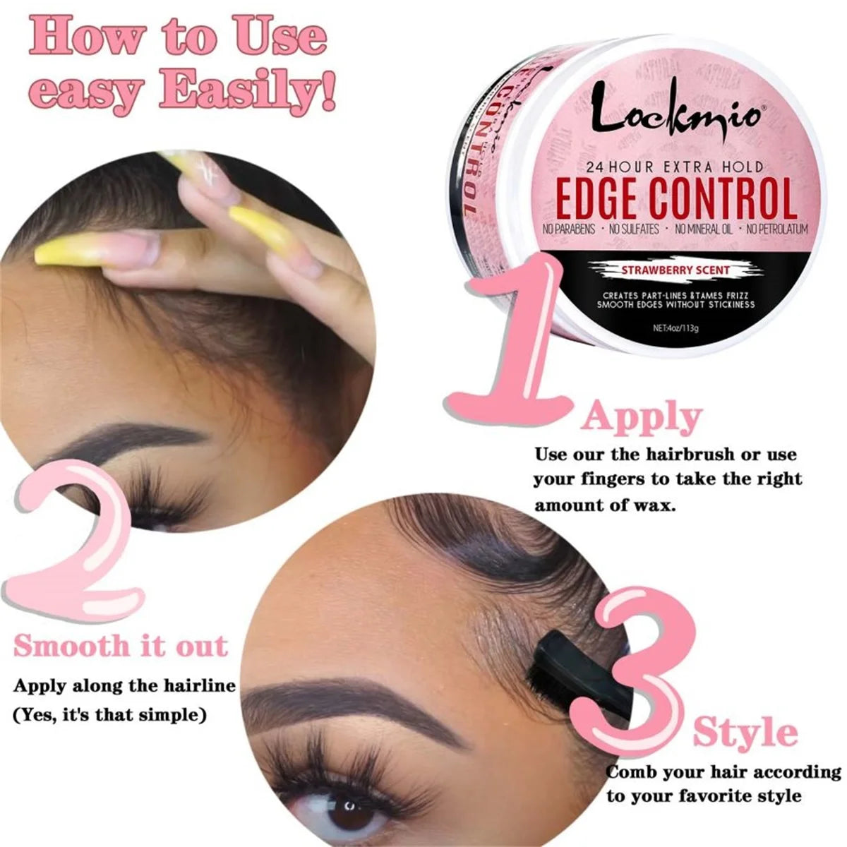 LOCKMIO Hair Flyaways Control Gel & Brush Women Hairline Styling Gel 113g Long-lasting Hair Care Edge Defining Wax Cream for Wig