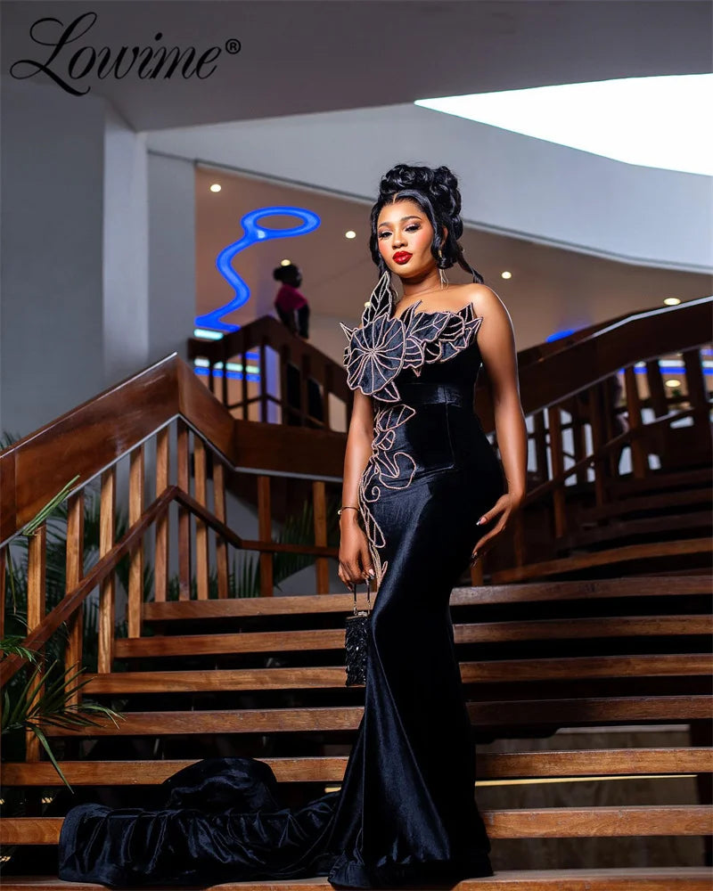 2024 Black Velvet Mermaid Bespoke Occasion Dresses Long African Women Elegant Evening Gowns Custom Made Beaded Prom Party Dress