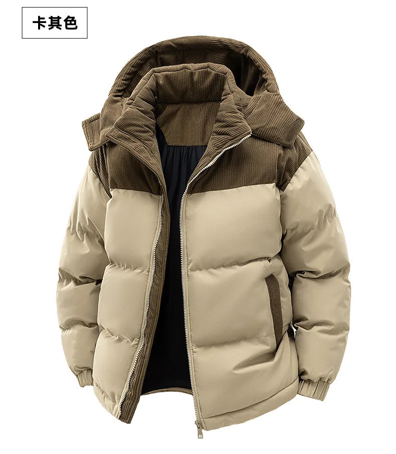 2025 Men Winter Thick Warm Parka Coat Male Color Blocking Detachable Hooded Collar Cotton Jacket Men's Cotton Coat