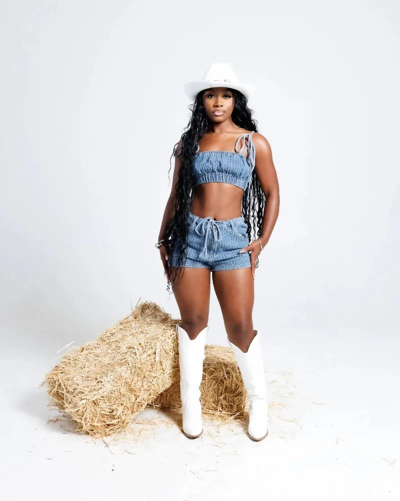 Women Fashion Sexy Denim 2 Piece Set Strapless Lace Up Spaghetti Straps Camisole Crop Tops + High Waist Shorts Casual Jeans Suit