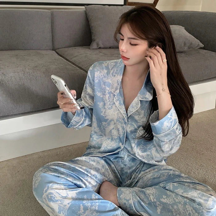 2024 New Ice Silk 2 Pieces Pajamas for Women Autumn Spring Women's Pajamas Set Elegant Ptinting Flower Home Wear Soft Sleepwear