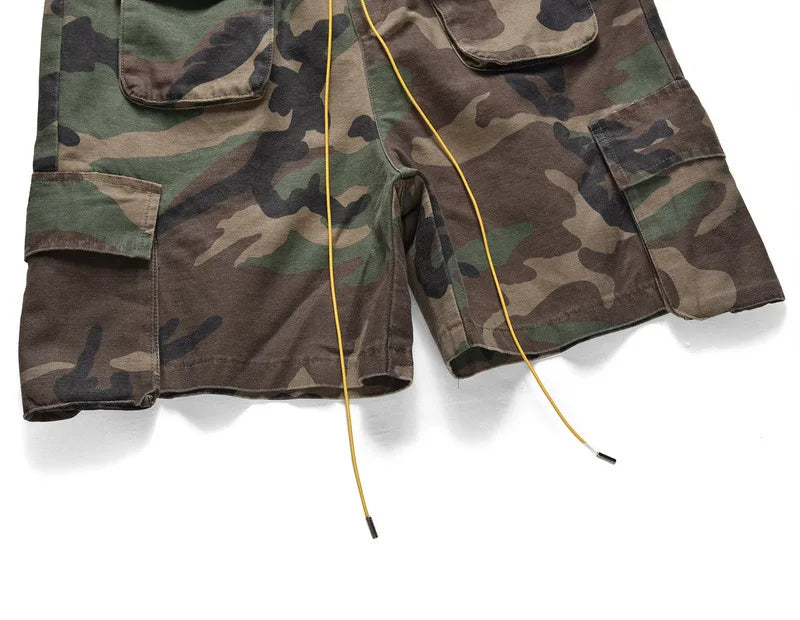 Euro-American High Street RO-Style Drawstring Distressed Camo Cargo Shorts - Multi-Pocket Tactical Utility Shorts with Pockets