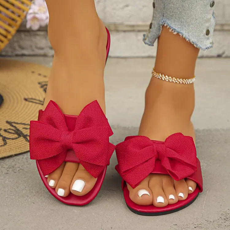Womens Slip on Flat Sandals Big Bowknot Wide Strap Slides Mules Open Toe Casual Sweet Summer Beach Comfort Daily Walking Shoes
