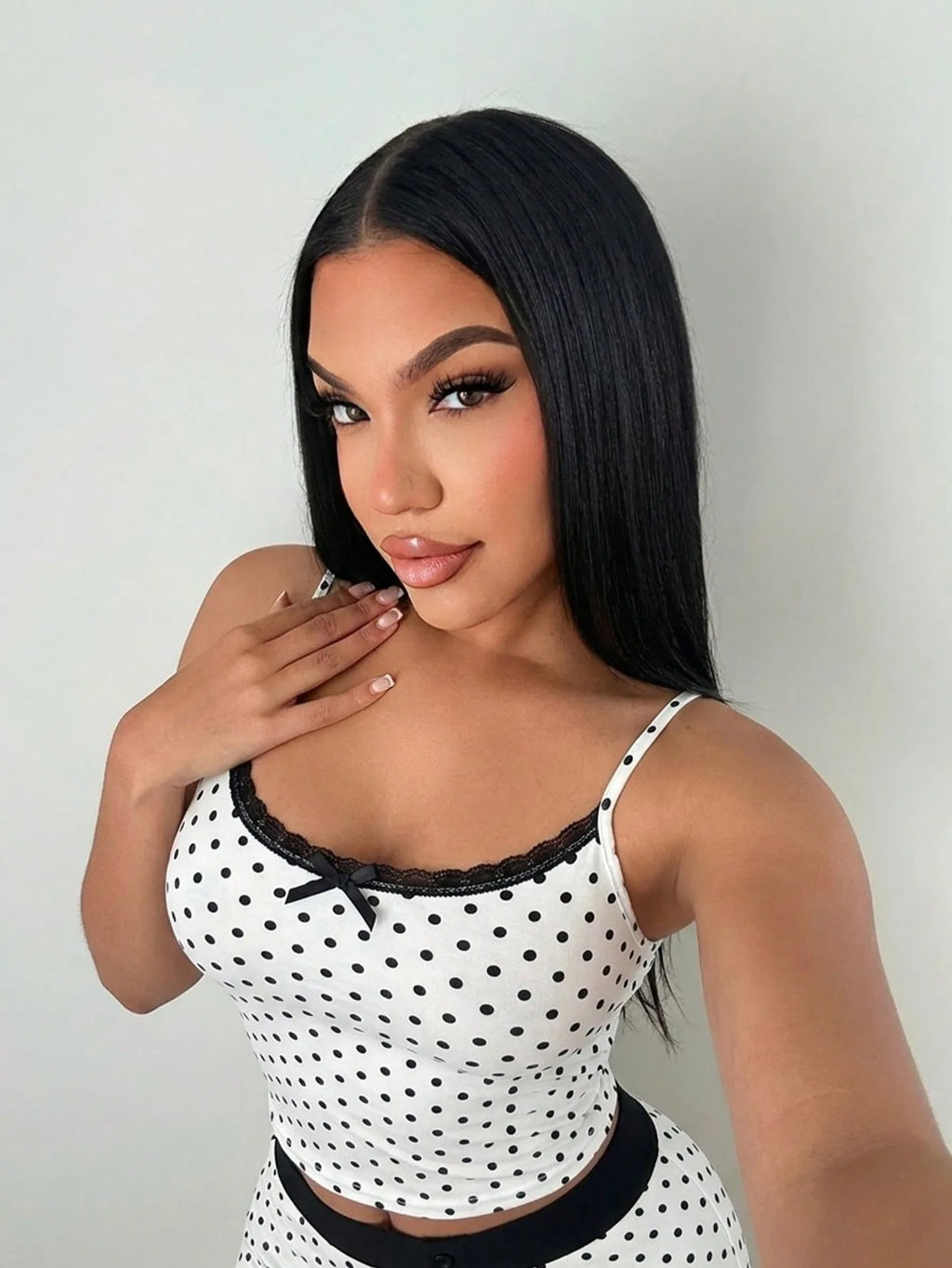 Fashion polka dot lace camisole home suit set, pure desire spicy girl style pajamas two-piece set, short