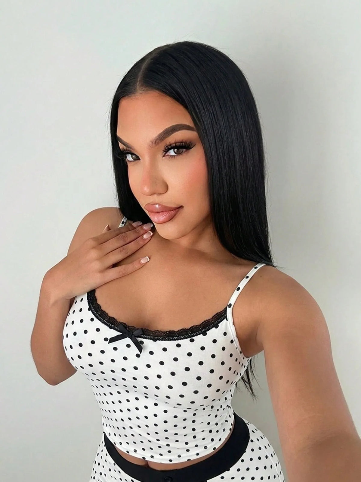 Fashion polka dot lace camisole home suit set, pure desire spicy girl style pajamas two-piece set, short