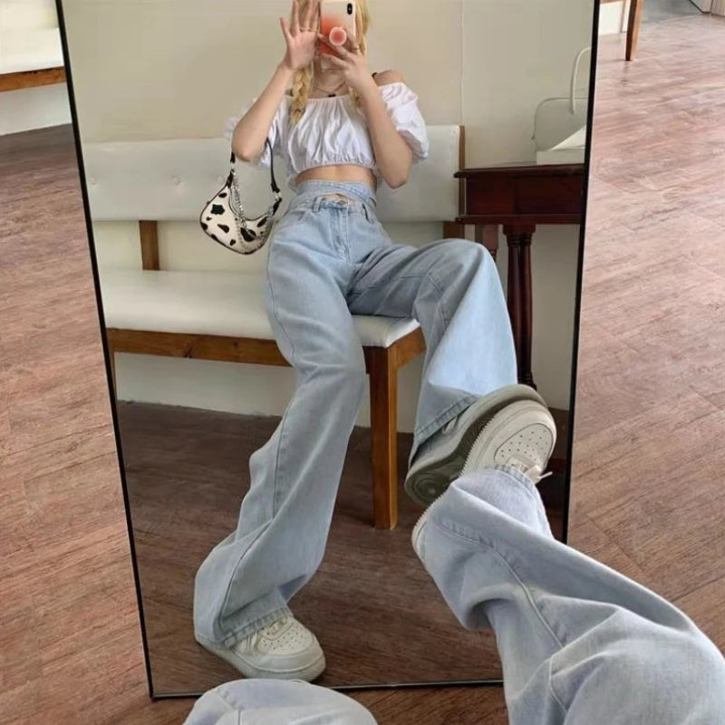 Women's High Waist Baggy Jeans Korean Trendy Loose Wide Leg Denim Pants With Ankle Ties Flowy Floor Length Streetwear