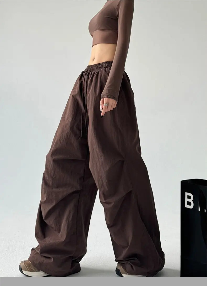 Women's Brown Parachute Pants 2026 Summer New Loose Straight Wide Leg Trousers Casual Quick Dry Cargo Pants Streetwear