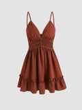 Mini Dress Sleeveless Burnt Orange Size Large Embroidered Waist Western Outfits Woven Solid Hollow Out Ruffle Mini Dress