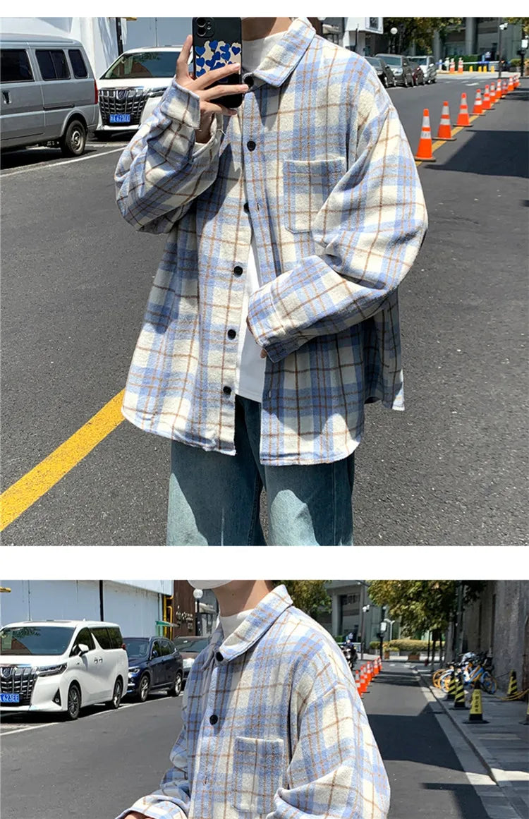 Men's Plaid Long Sleeve Shirt Loose Fit Thin Style Autumn Spring Casual Wear Sun Protection Outerwear Classic Check Pattern