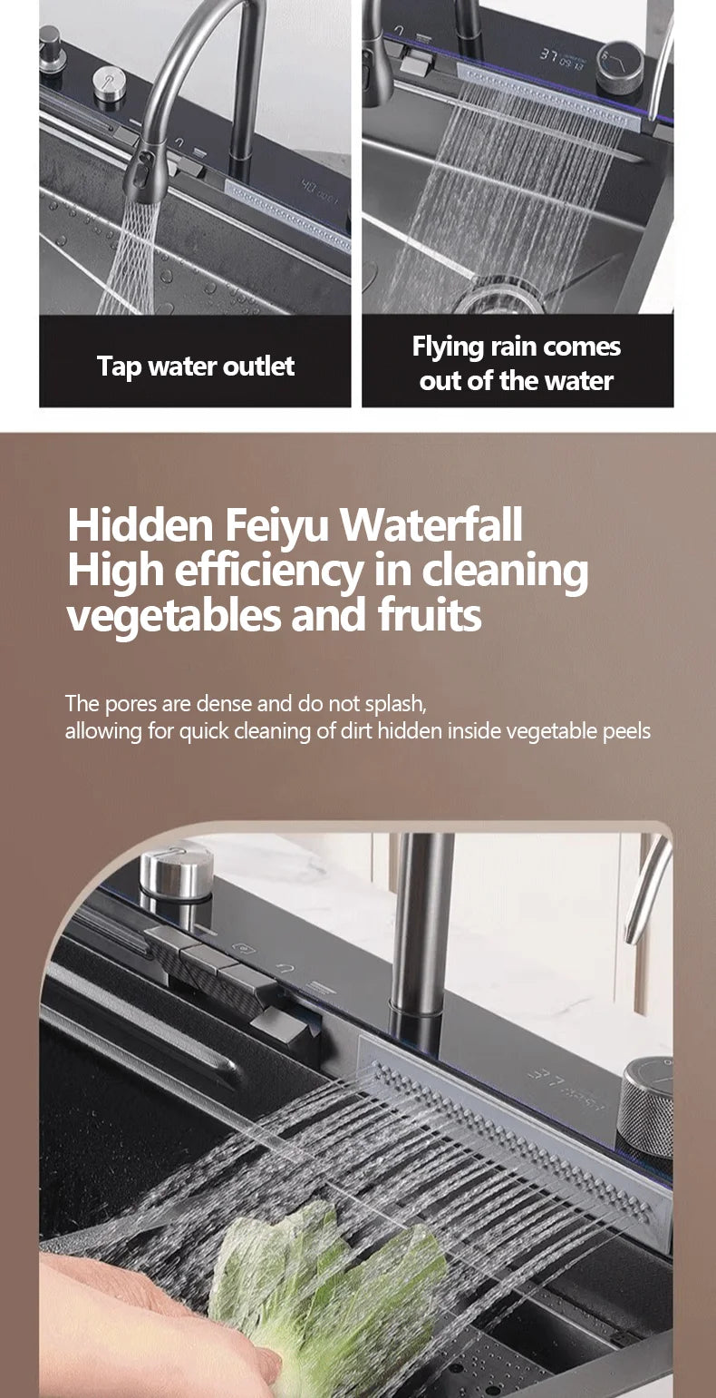 304 Sink Key Digital Display Waterfall Rain Sink Stainless Steel Large Single Trough Hand Basin Washing Dishes Under The Basin