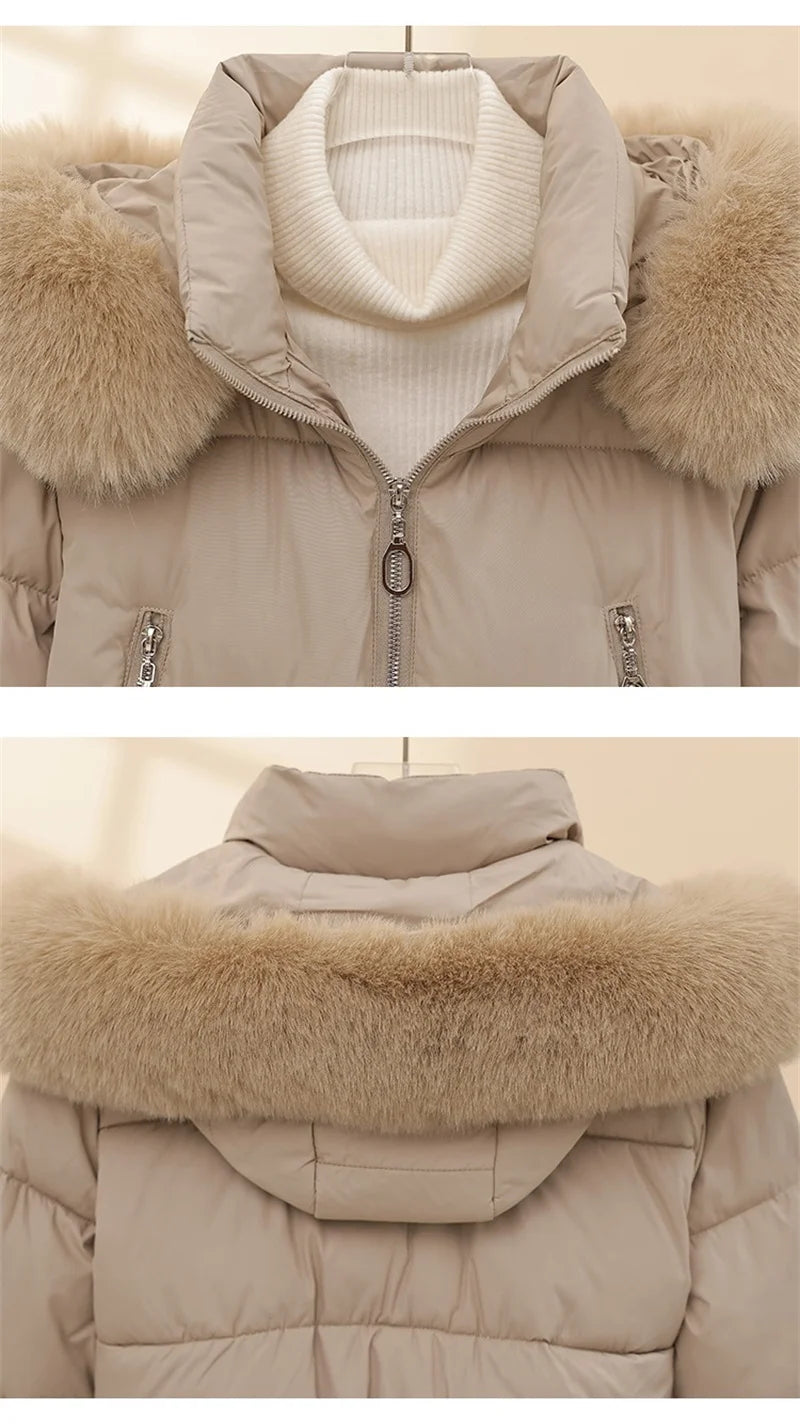 2026 Super-short Cotton-padded Jacket Women's Elastic-waist Winter Coats Fur Collar Hooded Parkas Streetwear Warm Slim Outerwear