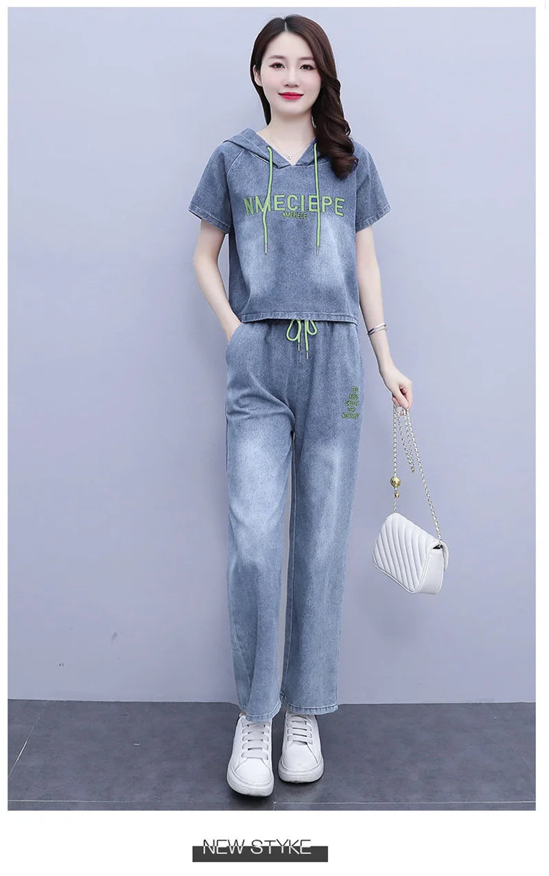 Summer Thin Jeans Set Women Fashion Short Sleeve Hooded Pullover Tops + Elastic Waist Wide Leg Pants 2PCS Female Denim Outfit