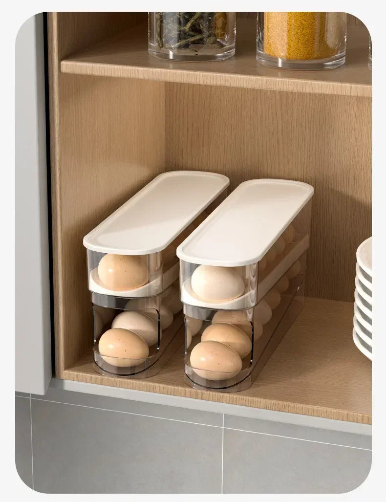 Double Layers Egg Storage Box Refrigerator Automatic Rolling Slide Egg Rack Refrigerator Side Door Freshness Box Kitchen Storage