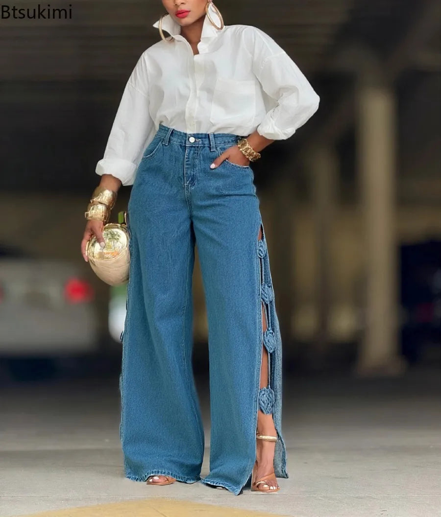 New Women's Jeans Patchwork High Waist Washed Distressed Loose Wide Leg Trousers Fashion Hollow Out Streetwear Retro Denim Pants