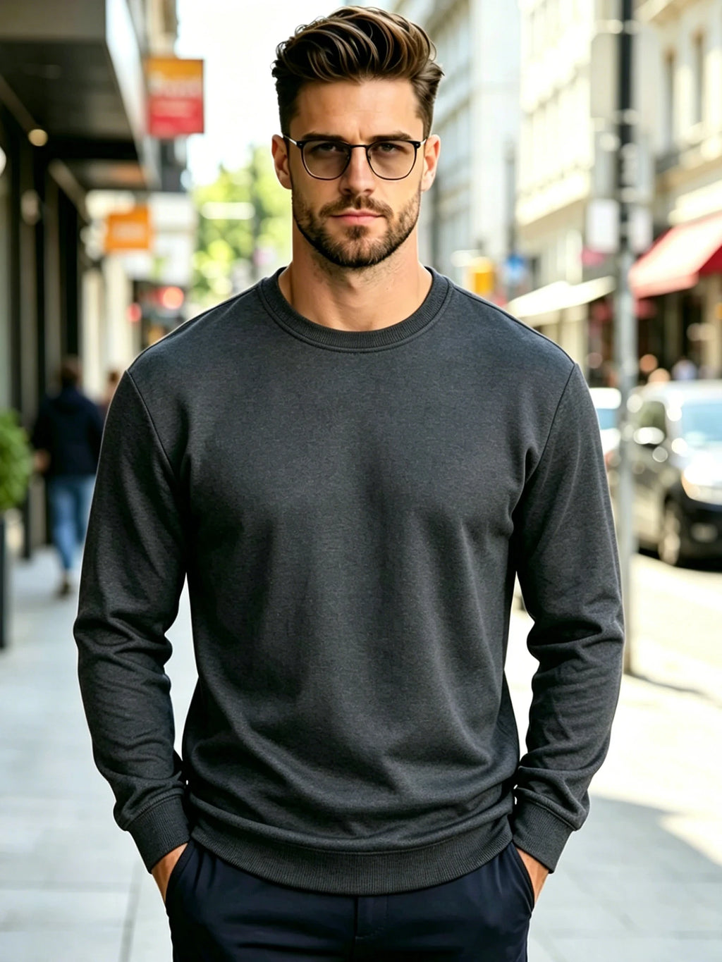 Men Solid Plain Crew Neck Sweatshirt Classic Rib Round Collar Cuffs & Hem Reinforced Waffle Stitching Soft Lightweight Wrinkle