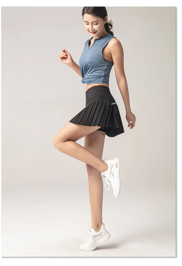 Summer Women Sports Anti Exposure Pleated Golf Tennis Skirts Fitness High Waist Elastic Athletic Run Shorts With Pocket