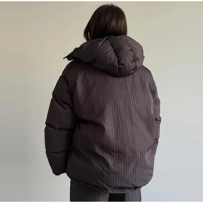 Street Striped Women's Cotton Coat Trouser Suits Hooded Zippers  Autumn Winter Thicken Lady Set 2026 Chic Female Outfits