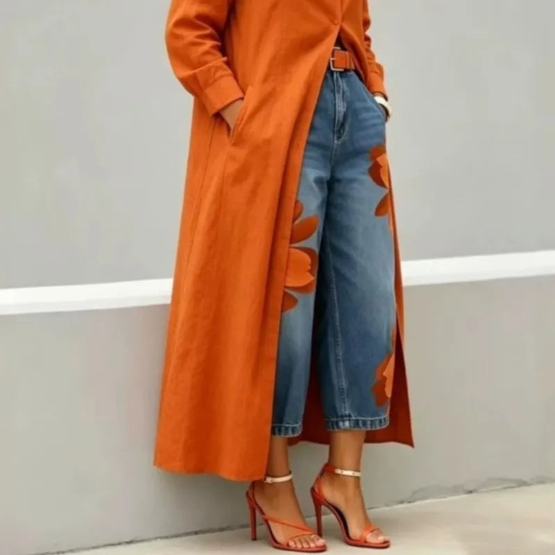 2026 New Fashion Floral Print Wide Leg Jeans Casual Cotton Denim High Waist Nine-Pants Trendy Plus Size Trousers High Street