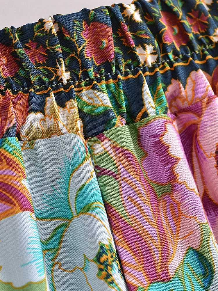 Boho Queens Women Peacock Floral Print Bohemian Wide Leg Pants Lady Elastic Waist Loose Rayon Boho Long Pant  Oversize Trousers