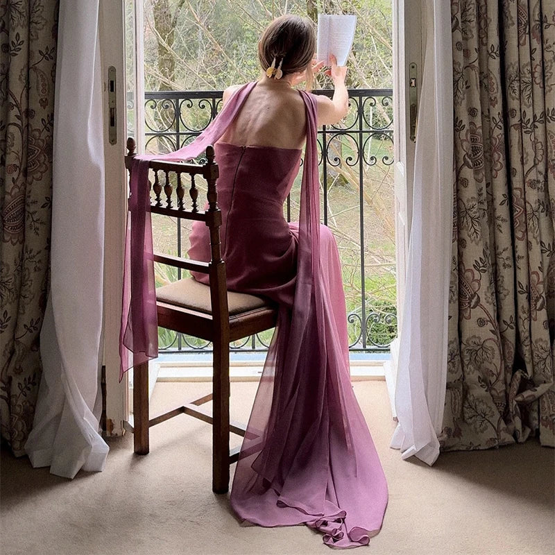 Elegant Halter Long Dress Women's Loose Sleeveless Off Shoulder Floor-length Dresses 2025 Spring Summer Lady Solid Stylish Robes