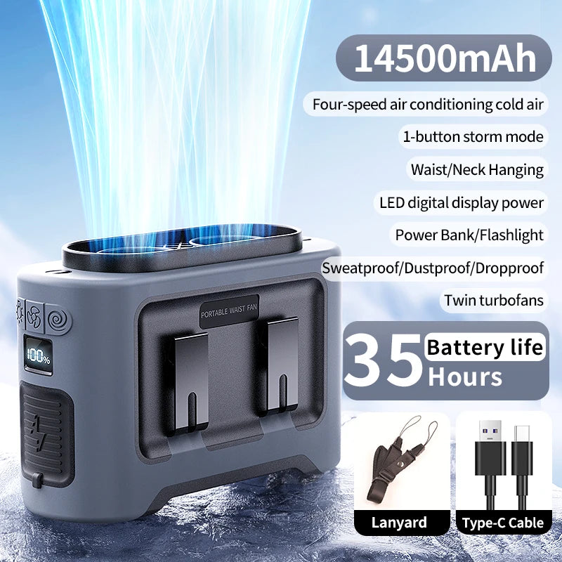 2025 New Upgrades Outdoor Portable Waist Fan Hanging Neck Fan 5 Level Strong Wind Power Bank with LED Lighting for Travel Sports