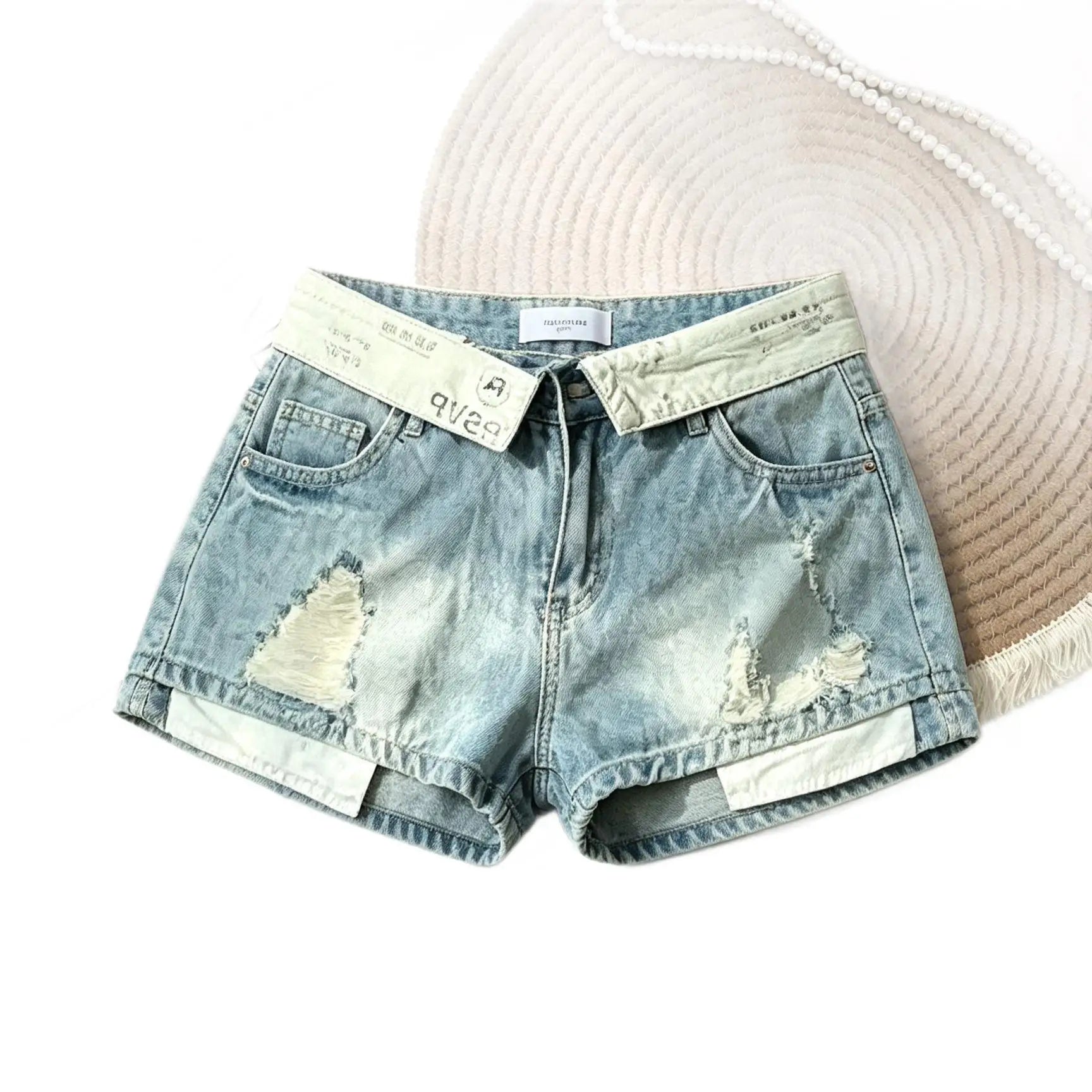 Retro Flanged Waist Ripped Denim Shorts Women's Summer Sexy Hip-wrapped Straight Hot Pants