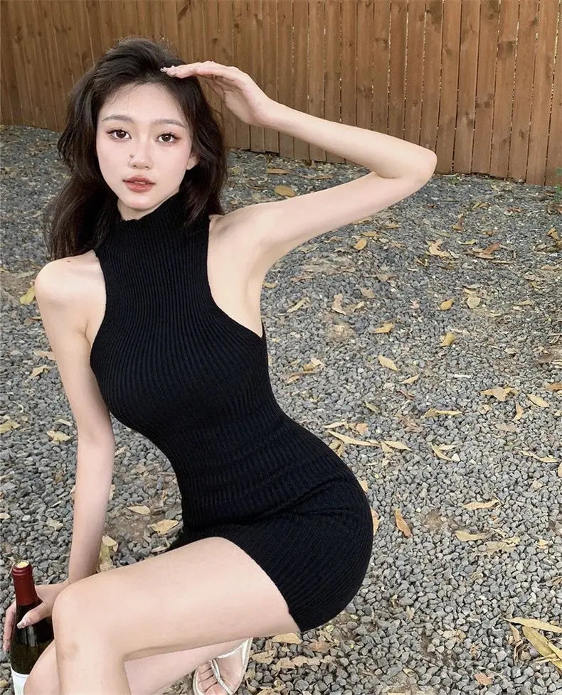 Korean Style High Neck Knitted Dress Women's Slim Fit Summer Pure Desire Design Sensual Girl Inner Wear Bodycon Skirt Trendy