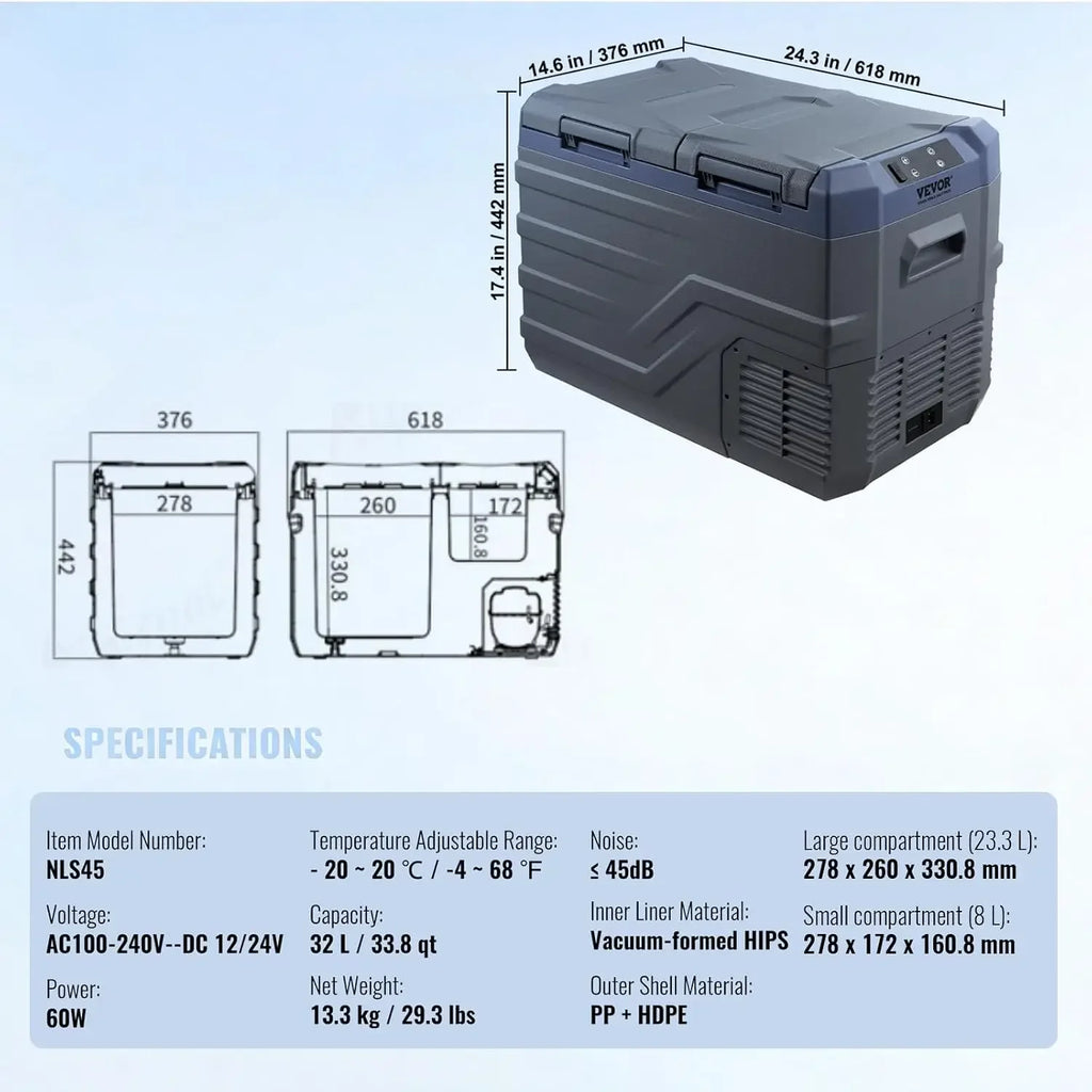 32L Dual Zone Car Refrigerator, Portable Freezer -20~20℃, 12/24V DC & 100-240V AC Compressor Cooler for Camping RV
