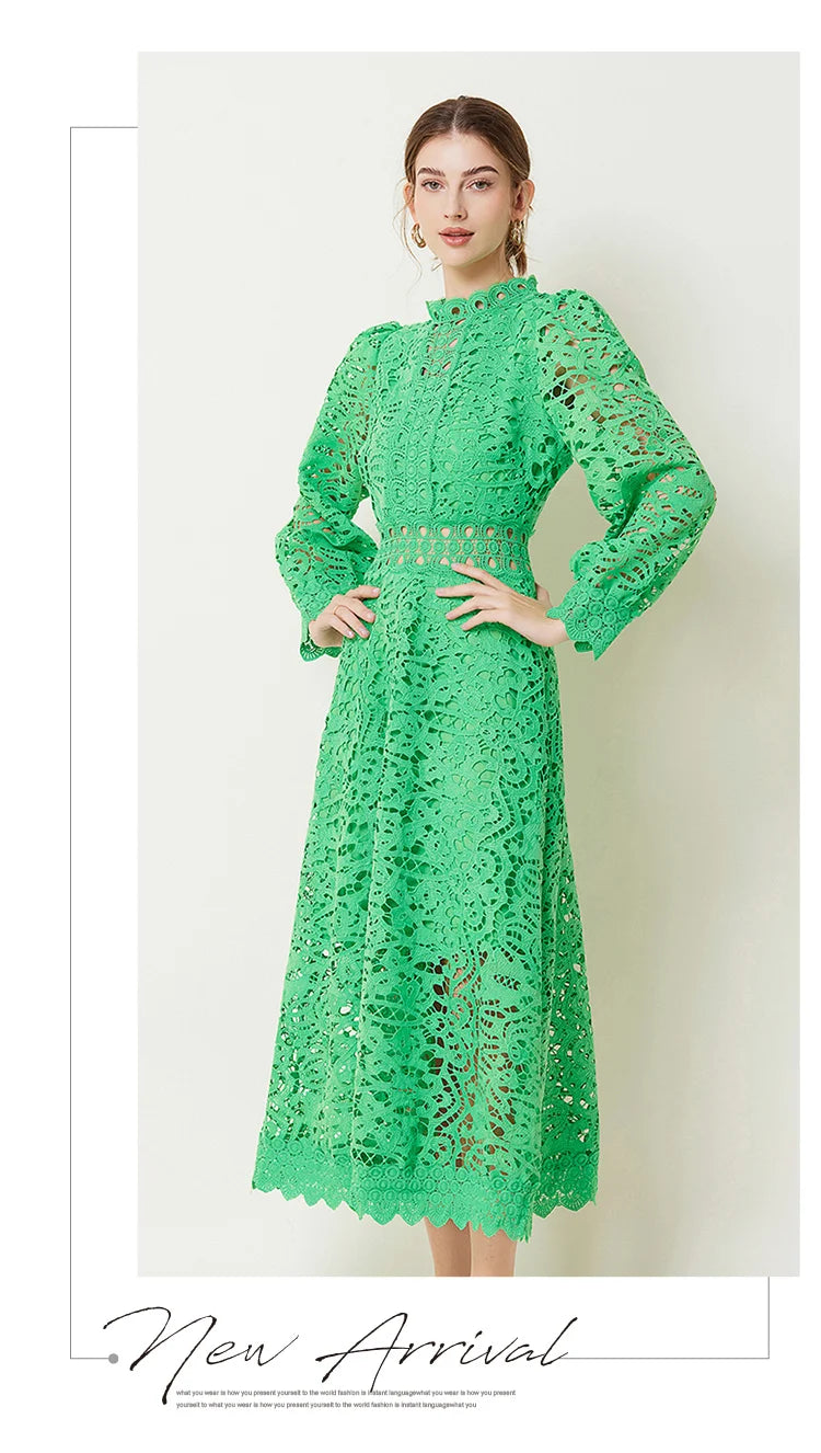 Solid Lace Holloe Out Slimming Elegant Dresses For Women Stand Collar Long Sleeve High Waist Minimalist Dress Female Fashion