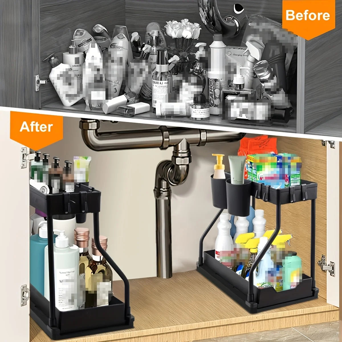 Space Saving 2 Tier Under Sink Organizer,Pull Out Storage Box Durable Large Capacity Kitchen Bathroom Essential Drawer Organizer