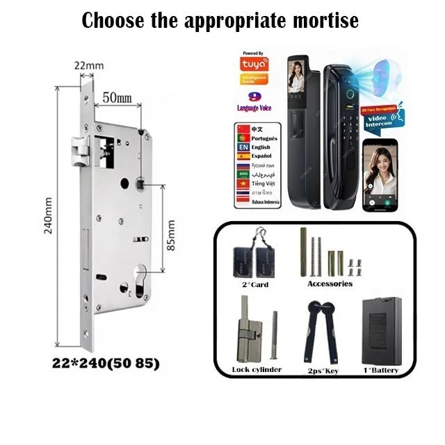 5050 5072 5572 4585 6085 Mortise Tuya WiFi Video Intercom 3D Face Recognition Smart Lock Biometric Camera Auto Keyless Lock