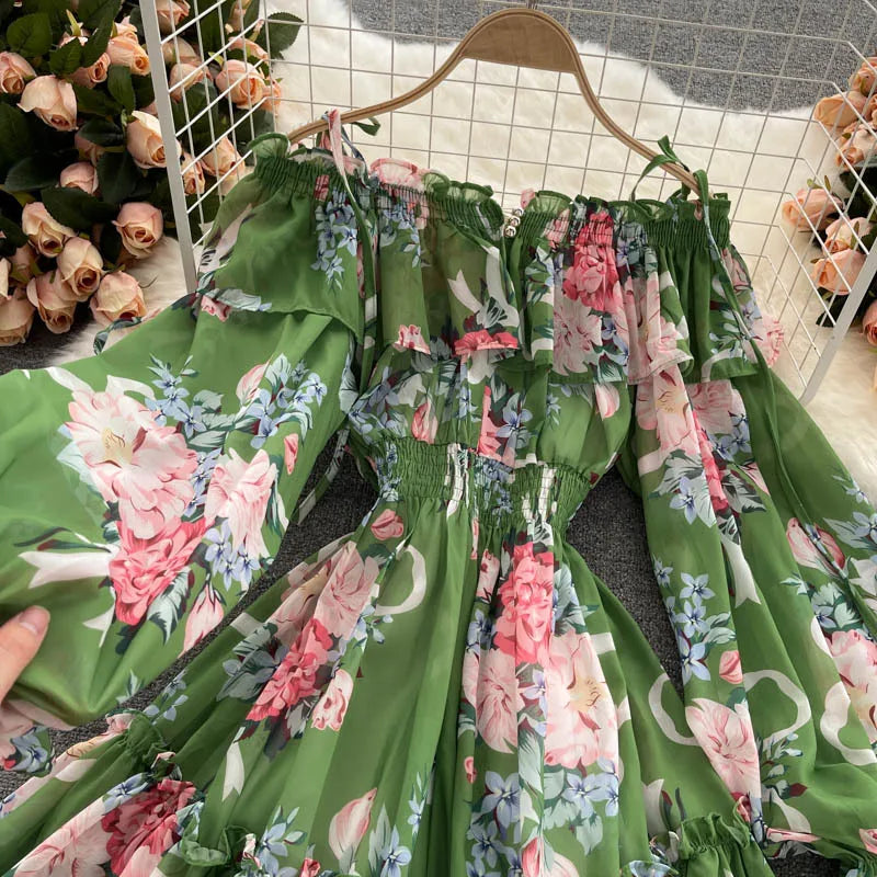 2025 New Retro Summer Beach Vacation Dress Women Sexy Strapless Lantern Sleeve Sweet Floral Jumpsuit Short Chiffon Print Dresses