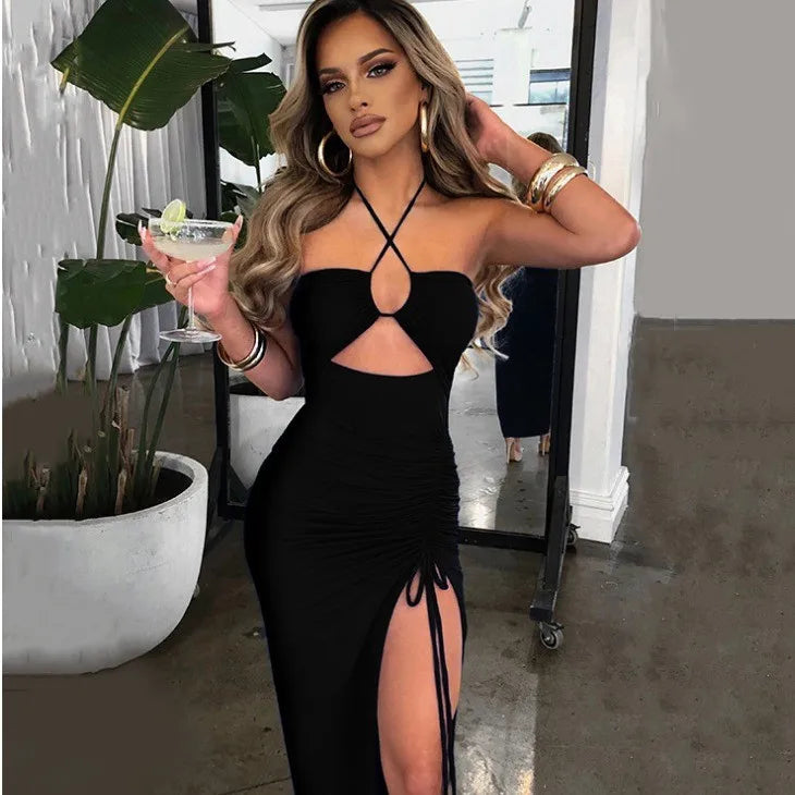Women's Elegant Party Summer Sleeveless Halter Neck High Waist Pencil Dress Long Backless Cross Strap with High Slit Bodycon
